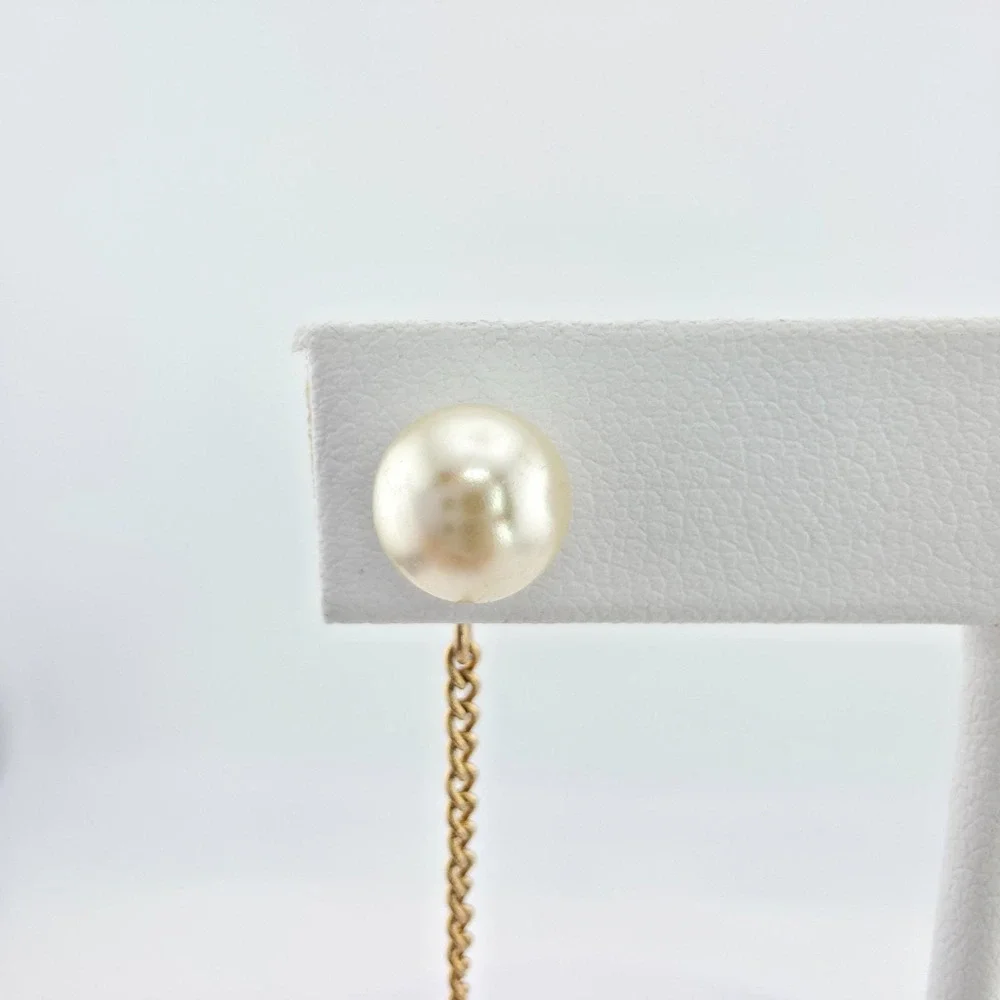 Vintage Faux Pearl Tie Tack Pin Buttonhole Barbell Chain Gold Tone FREE $HIP!!!